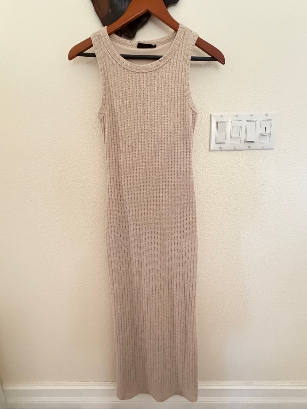 Sleeveless Ribbed Midi Dress - Beige